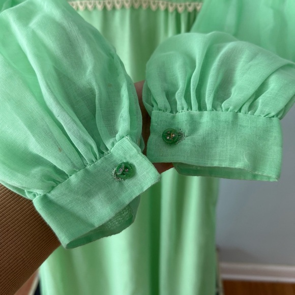 🌿 Vintage 60s Green Prairie Maxi Dress Lace Trim Boho Romantic XS/S 🌿 - Picture 7 of 16